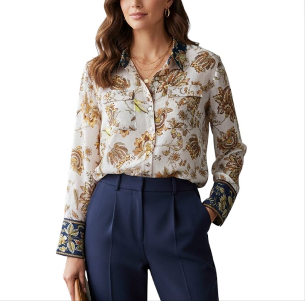 KOBI HALPERIN 100% Silk Alix Floral Blouse-Shirt Women XXL Cream Elegant Designe
